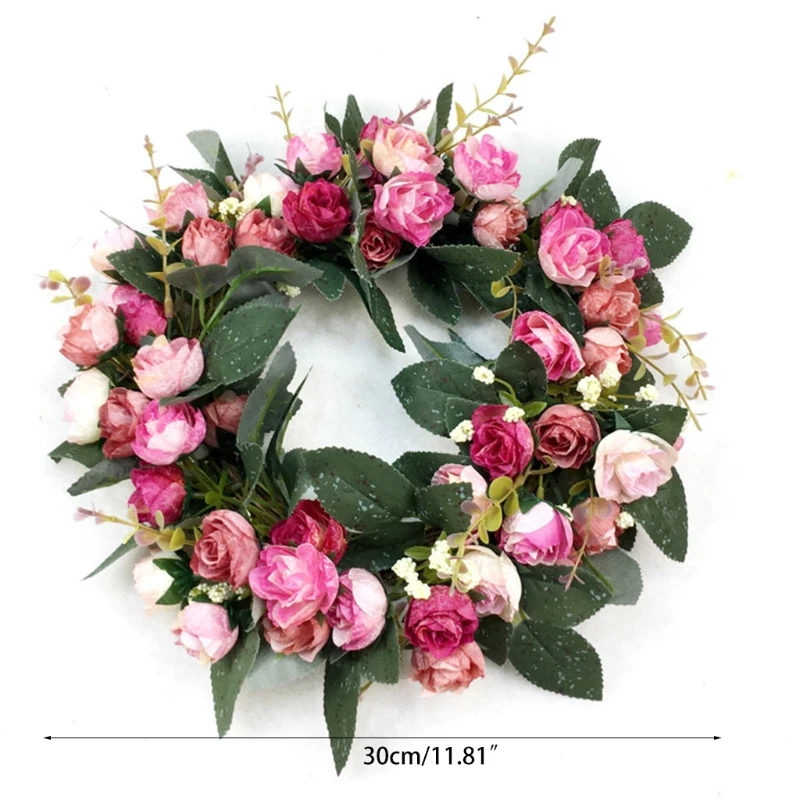 

L38A 12inch Artificial Rose Front Door Wreath Handcrafted Wreath for front Door Outdoor Home Wall Party Wedding Decor