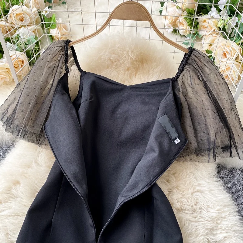 

Elegant Women New Design Black Medium Long Dress Retro Ruffled Mesh Short Sleeve Square Collar Office Lady Dress