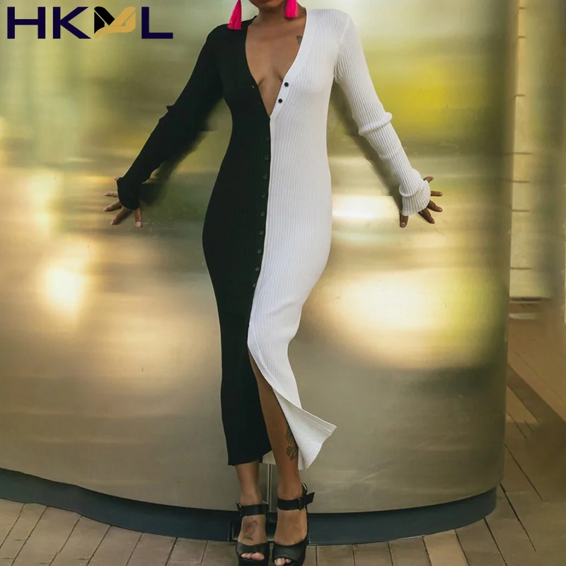 

Women Dresses Long Sleeve Button Patchwork High Waist Slim Bodycon Casual 2021 Summer