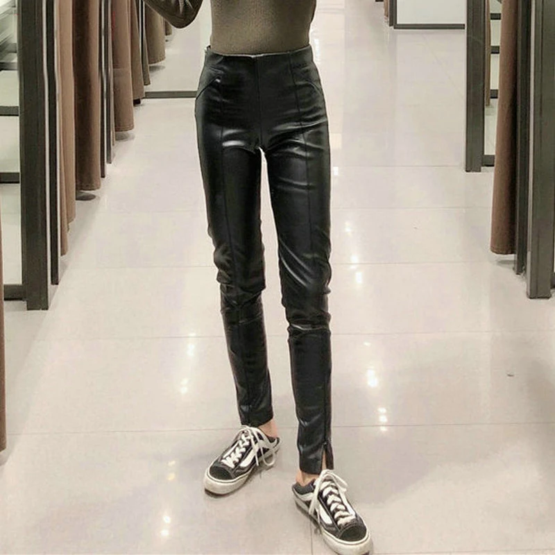 

2020 new women's pu leather pencil pants plus velvet warmth sexy tights women's solid color casual pants slim jeans 2020 ins