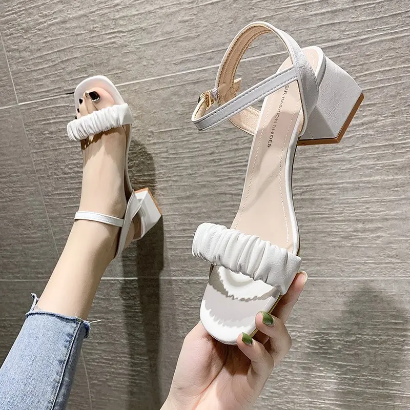 

Summer Pu Leather High-heeled Sandals Female Candy Color Square Toe High-heeled Sandals Female Comfortable Non-slip Sandals