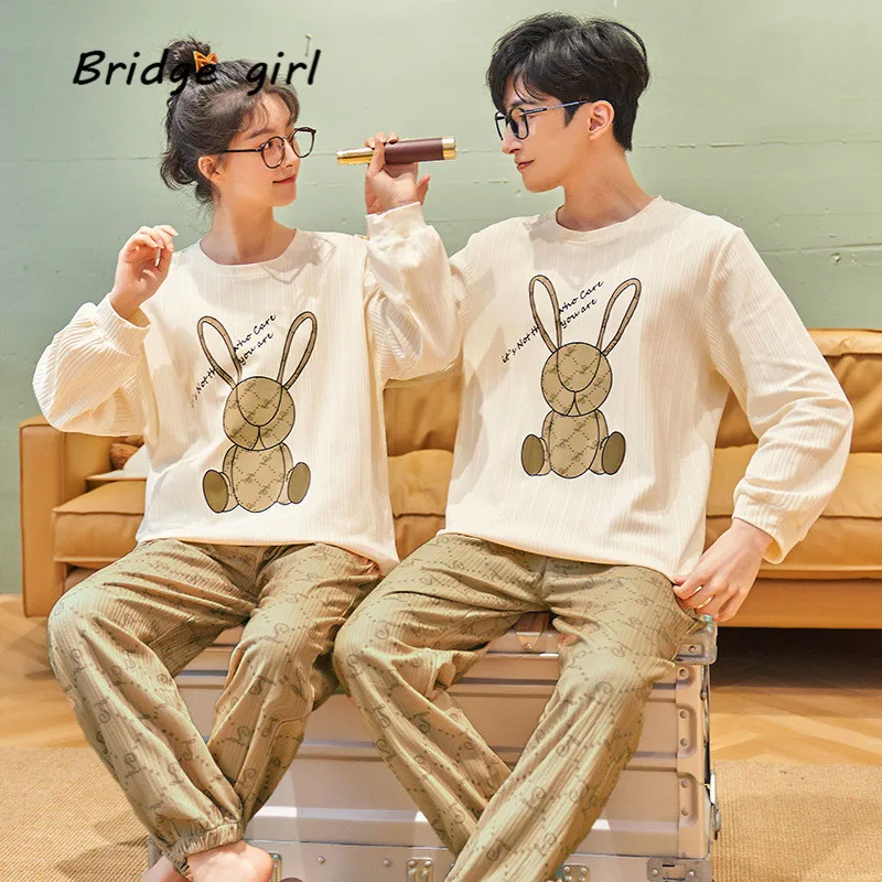 

New Women Pajamas Cotton Couple Sleepwear Matching Home Suits Cotton Cartoon Print Leisure Nightwear For Spring And Autumn