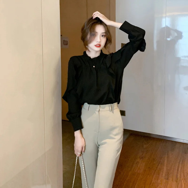 

Женская шифоновая рубашка с оборками на воротнике, черная дизайнерская блузка с полурукавами, осень 2021