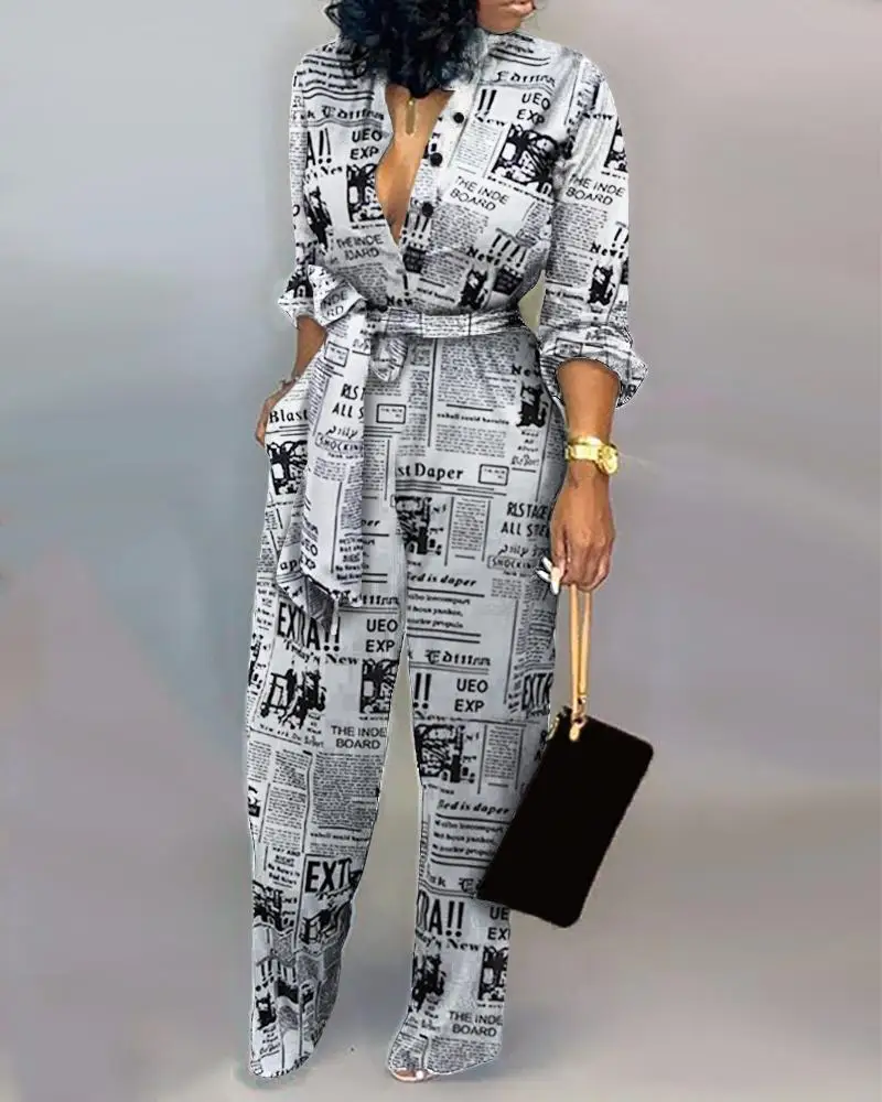 

Newspaper Plaid Printing Women Jumpsuits Autumn Long Sleeves Single breasted Elegant Straight Pants Rompers with Sash
