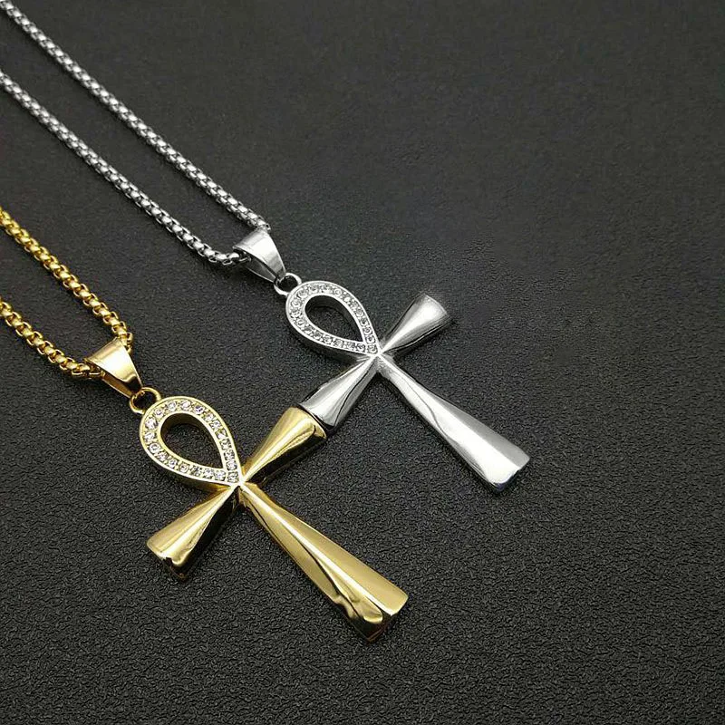 

Hip Hop Egyptian Ankh Cross Key Pendant Necklace Iced Out Chain Gold/Silver Color Stainless Steel Necklace For Mens&Women Jewelr