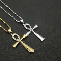 hip hop egyptian ankh cross key pendant necklace iced out chain goldsilver color stainless steel necklace for menswomen jewelr