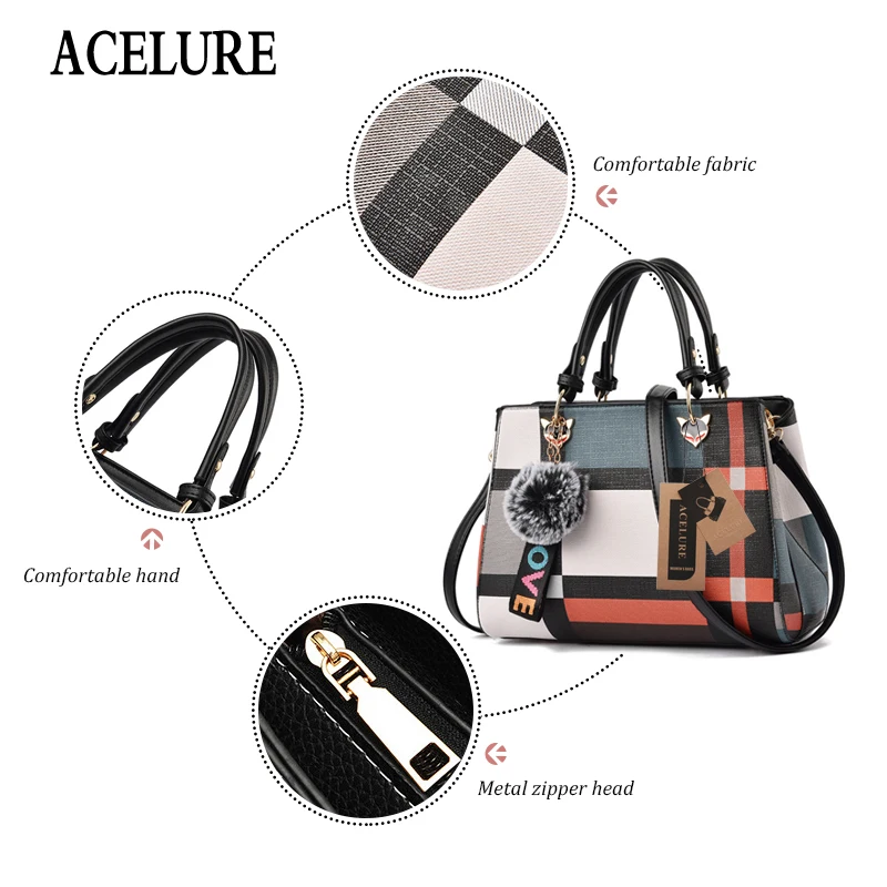 ACELURE Trendy Fashion Patchwork Women Crossbody Bags High Quality PU Leather Female Shoulder Bag with Fur Ball Handbag 4 Colors