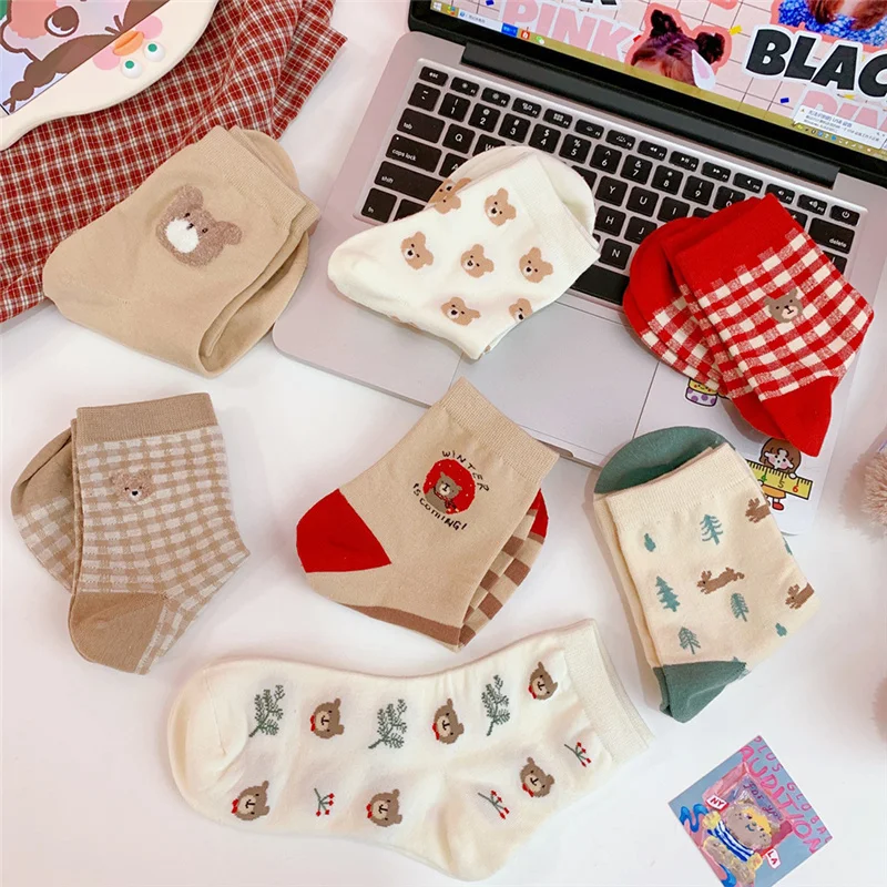 

RANMO Women Girl Cute bear Harajuku Kawaii Socks Stripe Cartoon Lovely Animal Cotton Socks
