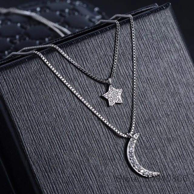 

Hot 925 Sterling Silver Double Layer Simple Stars Choker Shiny Zircon Moon Pendants Necklaces Girl Gift Fine Accessories NK092
