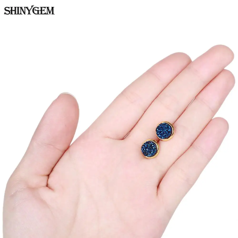 Модные круглые серьги гвоздики ShinyGem 8 мм с натуральным кристаллом позолоченные