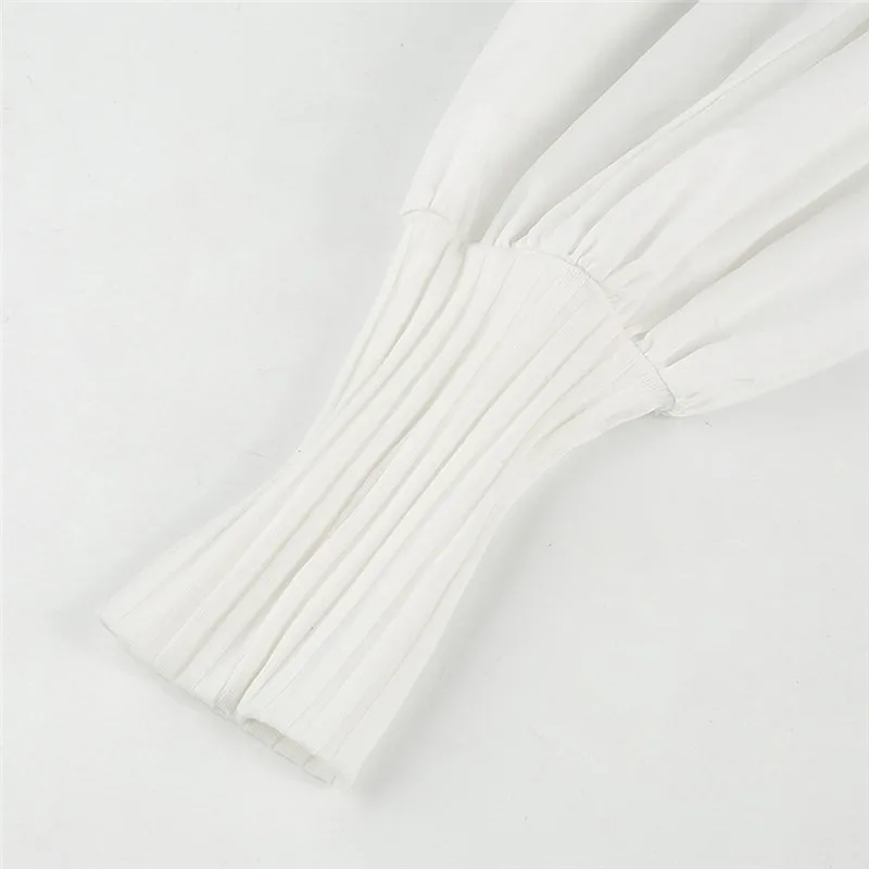 Модная рубашка с рукавами фонариками и рюшами Осенний однотонный топ круглым