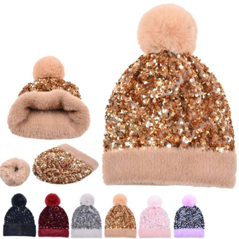 

Sequins Keep Warm Removable Hair Ball Solid Color Pompom Hat Thicken Winter Unisex Elasticity Women Beanie