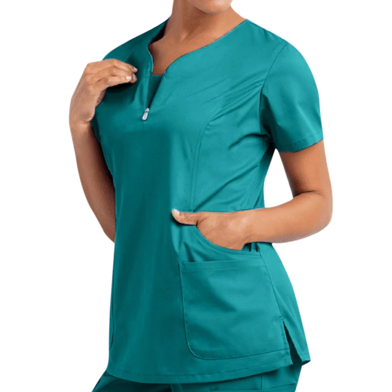 

New Stretch V-Neck Scrub Top for Women Solid Short Sleeve T-Shirt Beauty Salon Nurse Uniform with Pocket Care Workers Blouse