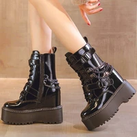 military punk goth oxfords women genuine cow leather round toe platform ankle boots chain strap buckle motorcycle high heels