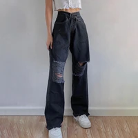 ripped jeans casual loose denim long pants solid color high waist pockets button decoration thin waist trousers lady jeans