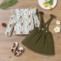 hot selling girls outfits kids clothes 2 pcs sets flower print flying sleeve topssuspender dress girls clothing set autumn 1 6y