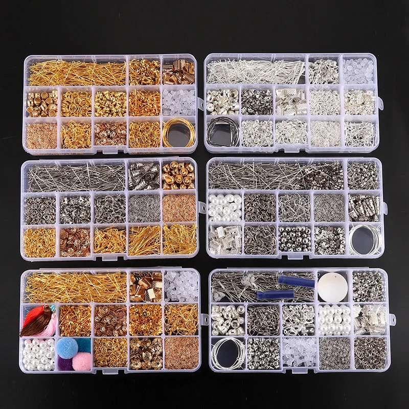 

New Mixed Styles DIY Jewelry Findings Material Beads Cup Earring Hook Jump Ring Hook Pin Box Sets for Jewelry Making Findings