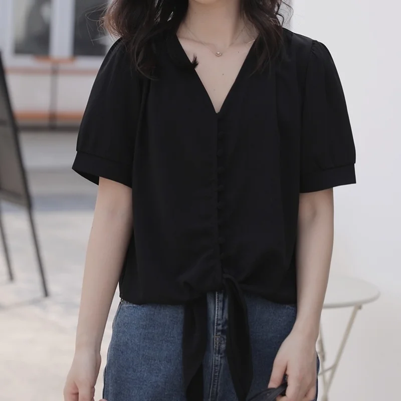 

Korejepo Women Shirt 2021 Summer New Bandage Casual Loose Solid Color V-neck Short-sleeved Single Breasted Shirt Female Blouse