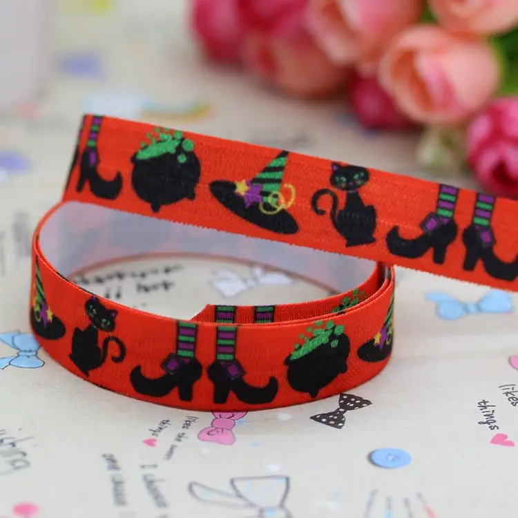 

DHK 5/8'' 5yards Fold Over Elastic FOE halloween printed headband hair band diy decoration OEM Wholesale E322