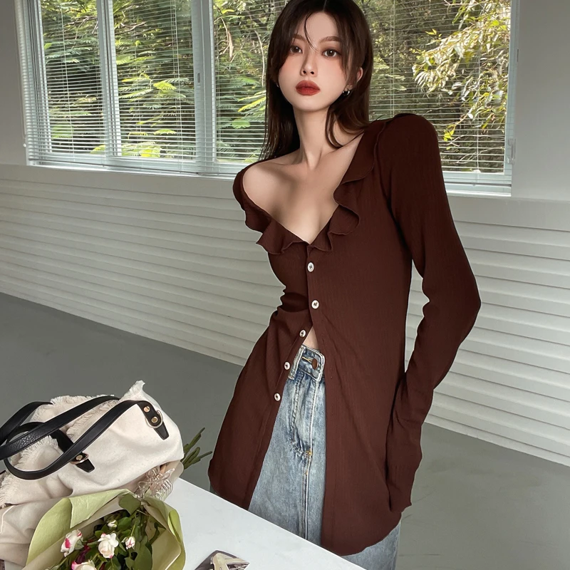 Vintage Ruffled Brown Blouse Women Fashion Sexy Single-breasted V-neck Slim Shirts New Long Sleeve Tops Female