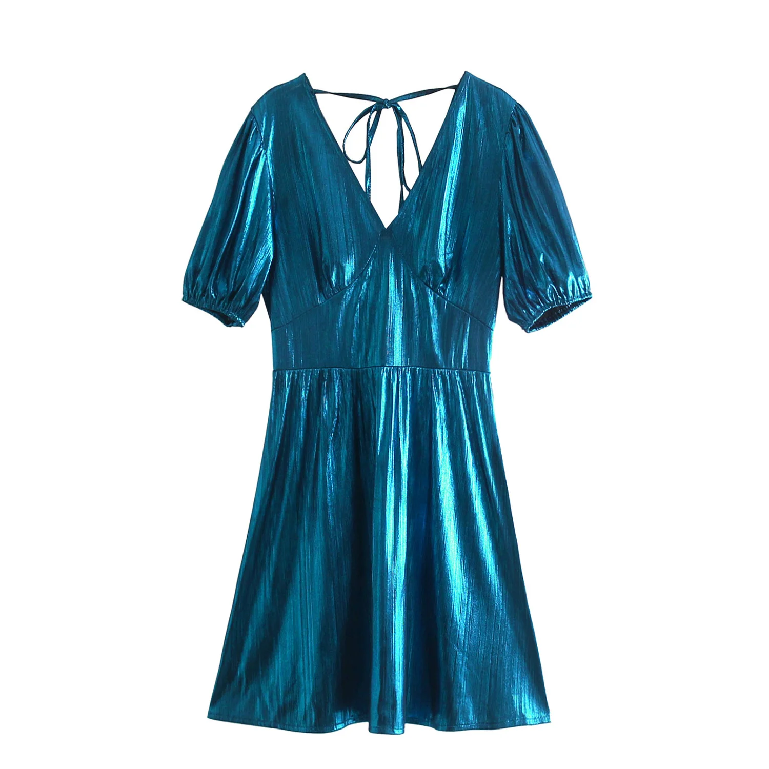 

2022 Women Blue Party Dress With Slash Puff Short Sleeve Ladies Mini Dress