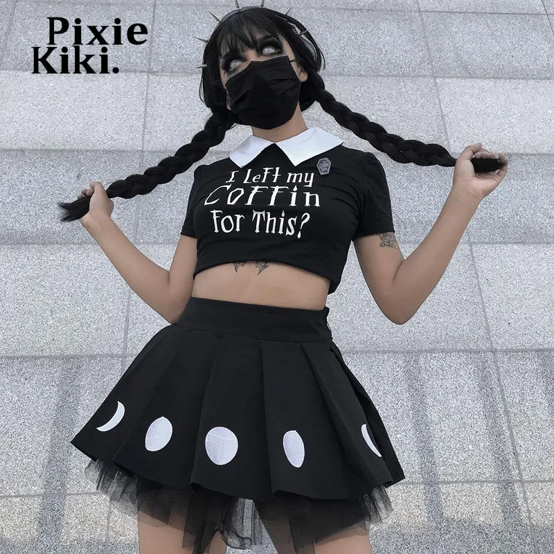 

Тёмная Готическая плиссированная юбка PixieKiki в стиле панк, градиентная вышивка Луны, черные мини-юбки с высокой талией, гранж Y2k, эмо, Женская ...