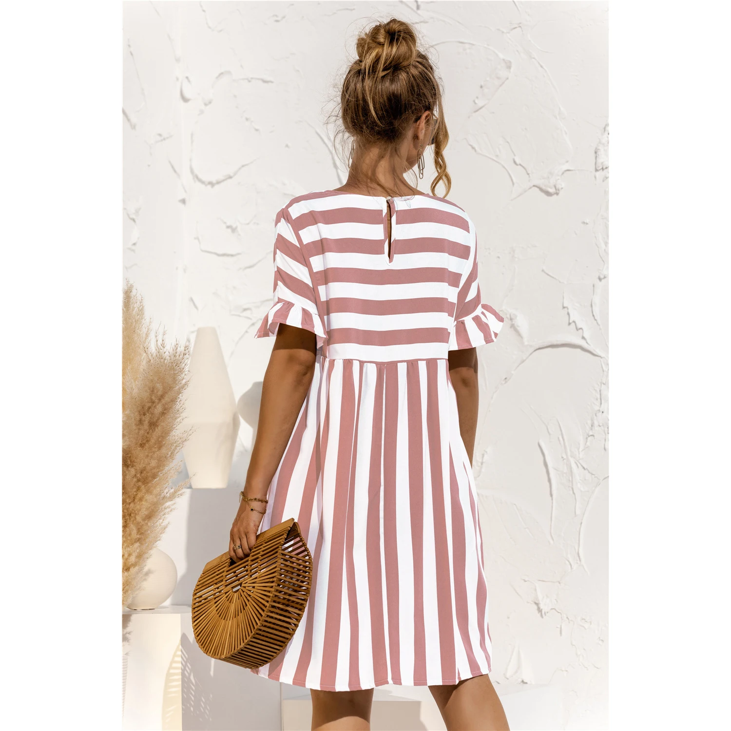 

Women Elegant Ruffle Sleeve Striped Patchwork A Line Dress 2021 Summer Casual High Waist O Neck Loose Pocket Dress Beach Wear