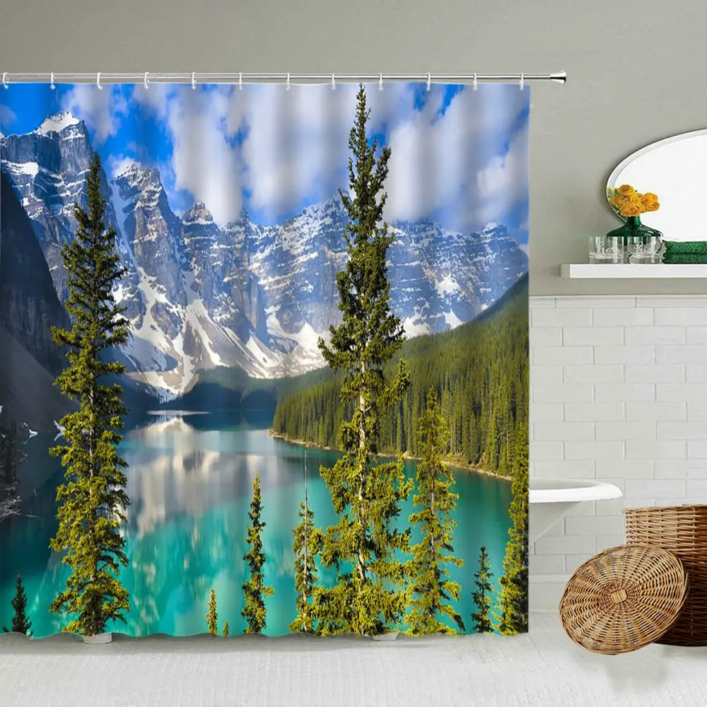 

Alpine Lake Canadian Mountains Forest Pine Tree Shower Curtain National Park Natural Scenery Bathroom Waterproof Cloth Curtains
