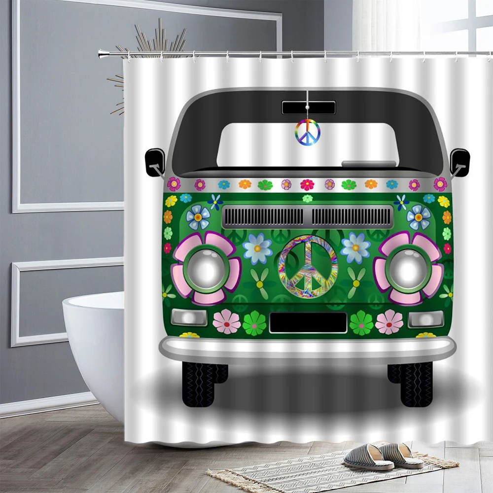 creative camper shower curtains pine touring car wood board backdrop printing waterproof decor screen hooks bathroom curtain set free global shipping