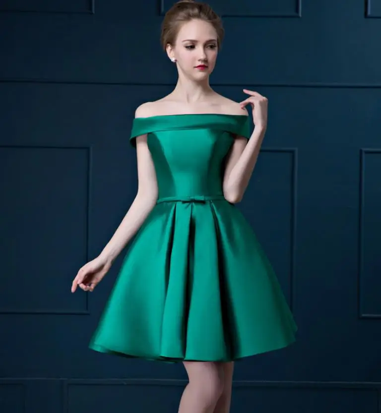 Vestido madrinha новые атласные платья подружки невесты с открытыми плечами и открытой спиной, золотое, королевское, голубое, фиолетовое, розовое, длина до колена, свадебные g - Цвет: Зеленый