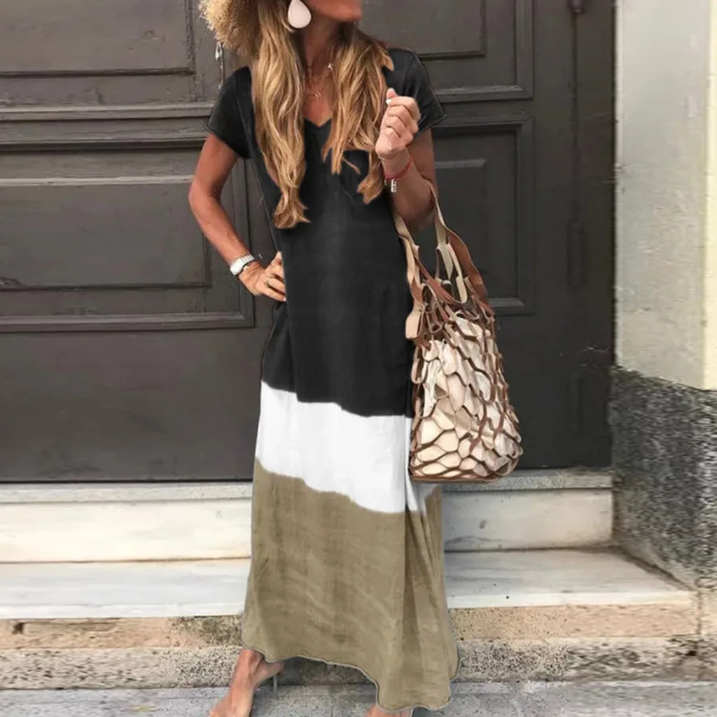 Women Maxi Dress Plus Size 5XL Daily Tie-dye Color Block Loose V Neck Short Sleeve Party Dresses ropa mujer 2020 NEW | Женская одежда