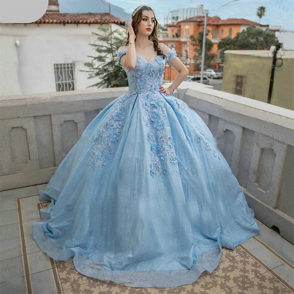 

Shinny Blue Sequins Prom Dresses Off The Shoulder 3D Floral Beads V Neck Ball Gown Lace Up Evening Gown Customize robes de soiré