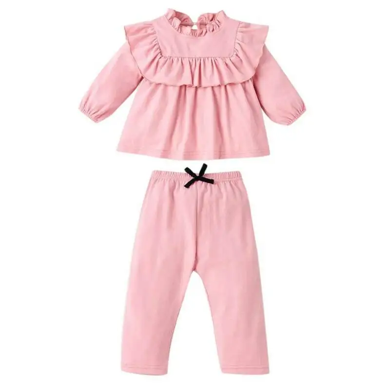 

Baby Long Sleeve Two Piece Set Lovely Pink Ruffle Decorative Fold Design Top Casual Loose Solid Color Pants Fashion Suits