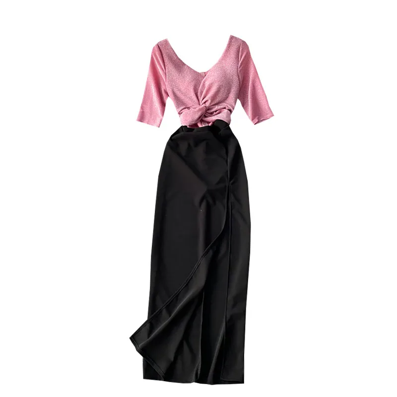 

split dress dress hollow out bright wire stitching midriff cultivate morality dress is pure color with short sleeves