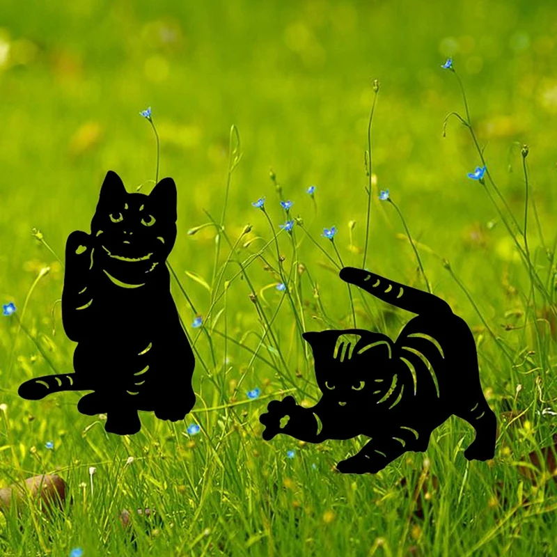 

2 PCS Acrylic Cat Silhouette Yard Stake Cat Yard Art Decor Black Puppy Cat Ground Insert Yard Manor Lawn Hello Cat Set