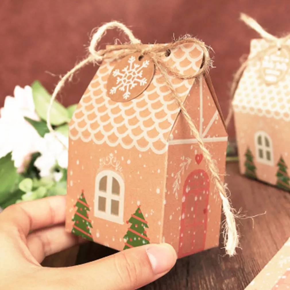 

5Pc House Shape Christmas Gift Box Kraft Paper Creative Candy Cookie Box Birthday Christmas New Year Decoration