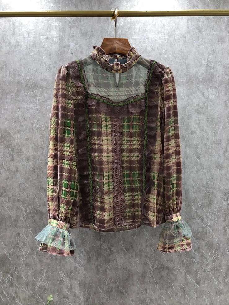 

Женский плиссированный топ в стиле ретро, плиссированный топ с воротником-стойкой, кружевной отделкой и оборками на рукавах, для ранней вес...