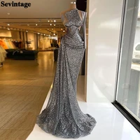 sevintage glitter sequin gray prom dresses one shoulder long sleeves satin formal evening party dress mermaid women prom gowns