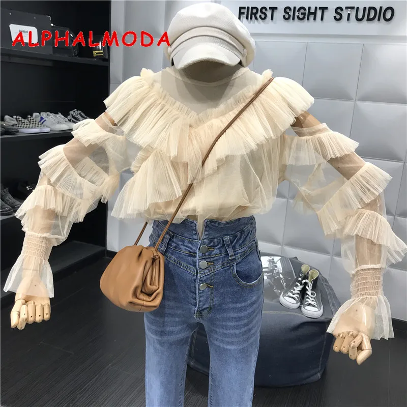 Женская шифоновая блузка ALPHALMODA с длинными рукавами и V-образным вырезом оборками