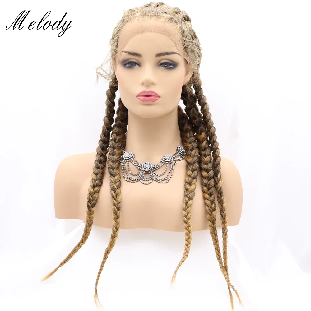 Melody Wigs Long Braided Wig Mixed Brown Color Hair Highlight Big Braiding Synthetic Lace Front Wig with Five Braids for Women