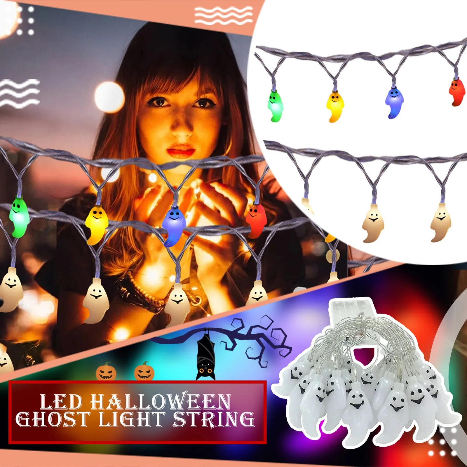 

1.5m 10led Ghost Halloween Lanterns String Lights Lace Ghost For Halloween Lighting Halloween Party Decoration Battery Type