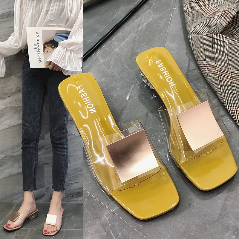 Summer Clear Transparent Slippers Mules Slides Women Metal Buckle Square Low Heel Sandals Peep Toe Ladies Sexy Shoes Mujer 2020 | Обувь