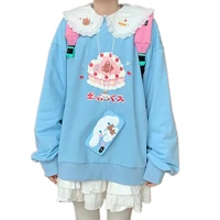 preppy style sweet femme kawaii hoodies lace ruffles peter pan collar pullover sweatshirt cherry cake print bear embroidery tops