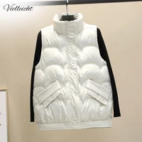 vielleicht solid short winter vest for women cotton padded stand collar womens winter sleeveless jacket with zipper