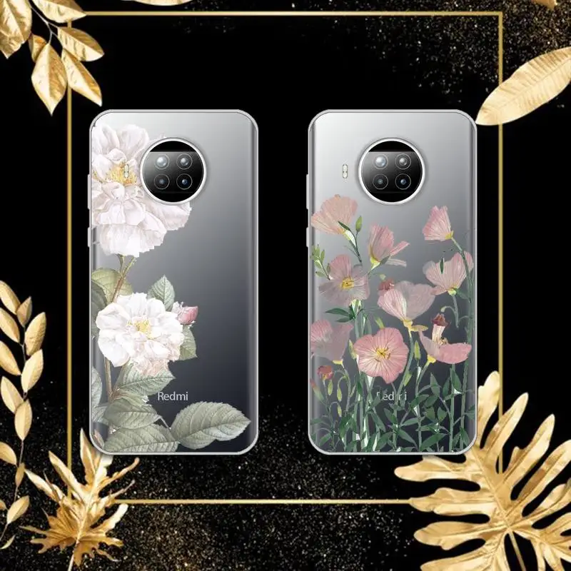 

Phone Case Transparent for Xiaomi mi Redmi note 10 t 8 9 pro lite 11 Samsung S 8 9 10 20 Flower purple leaves retro Peony daisy