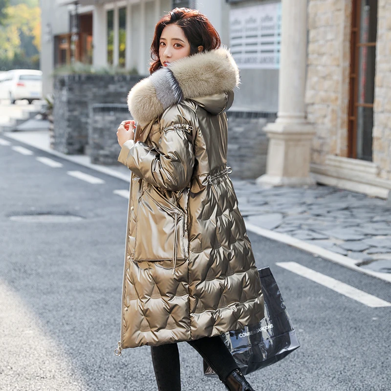 

2023 Glossy Fox fur Down Jacket Women Winter Thick 90% White duck down Coat Windproof Rainproof Warm Hooded Long Parka Female