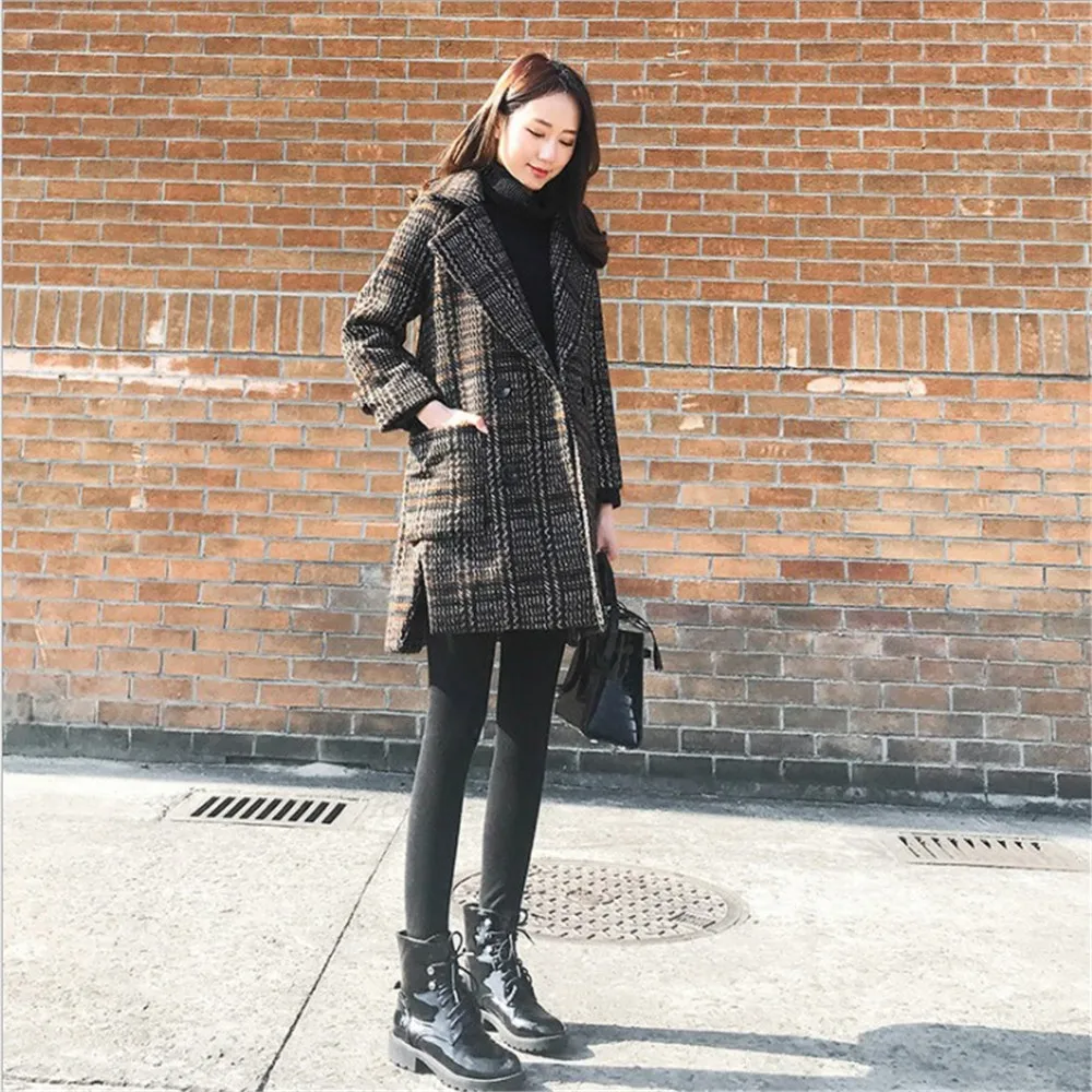 Зимнее женское пальто 2019 женские теплые клетчатые шерстяные с отложным
