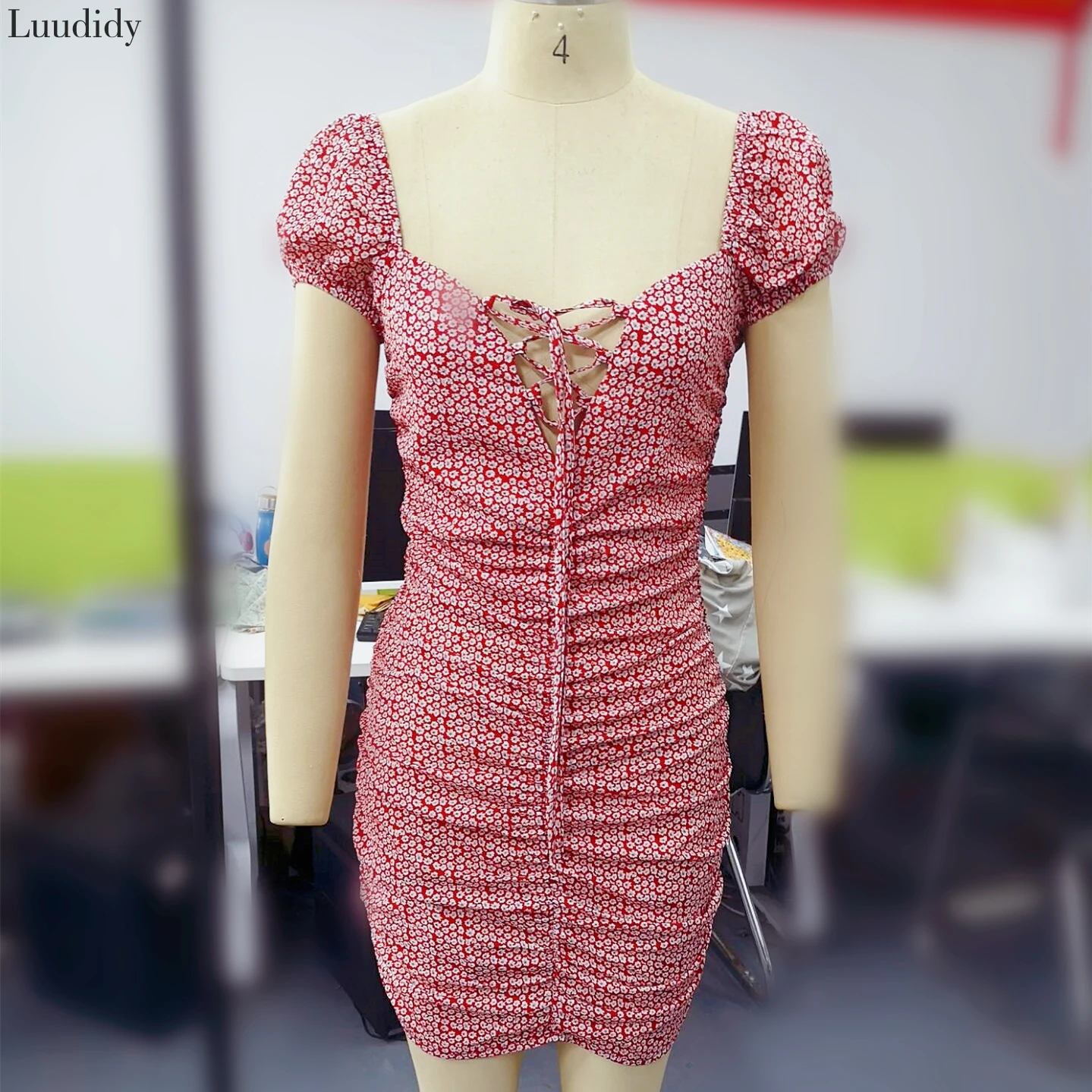 

Women Summer Dress Lace Up Sexy Party Dresses Short Sleeve Tie Front Floral Lace Up Front Dress