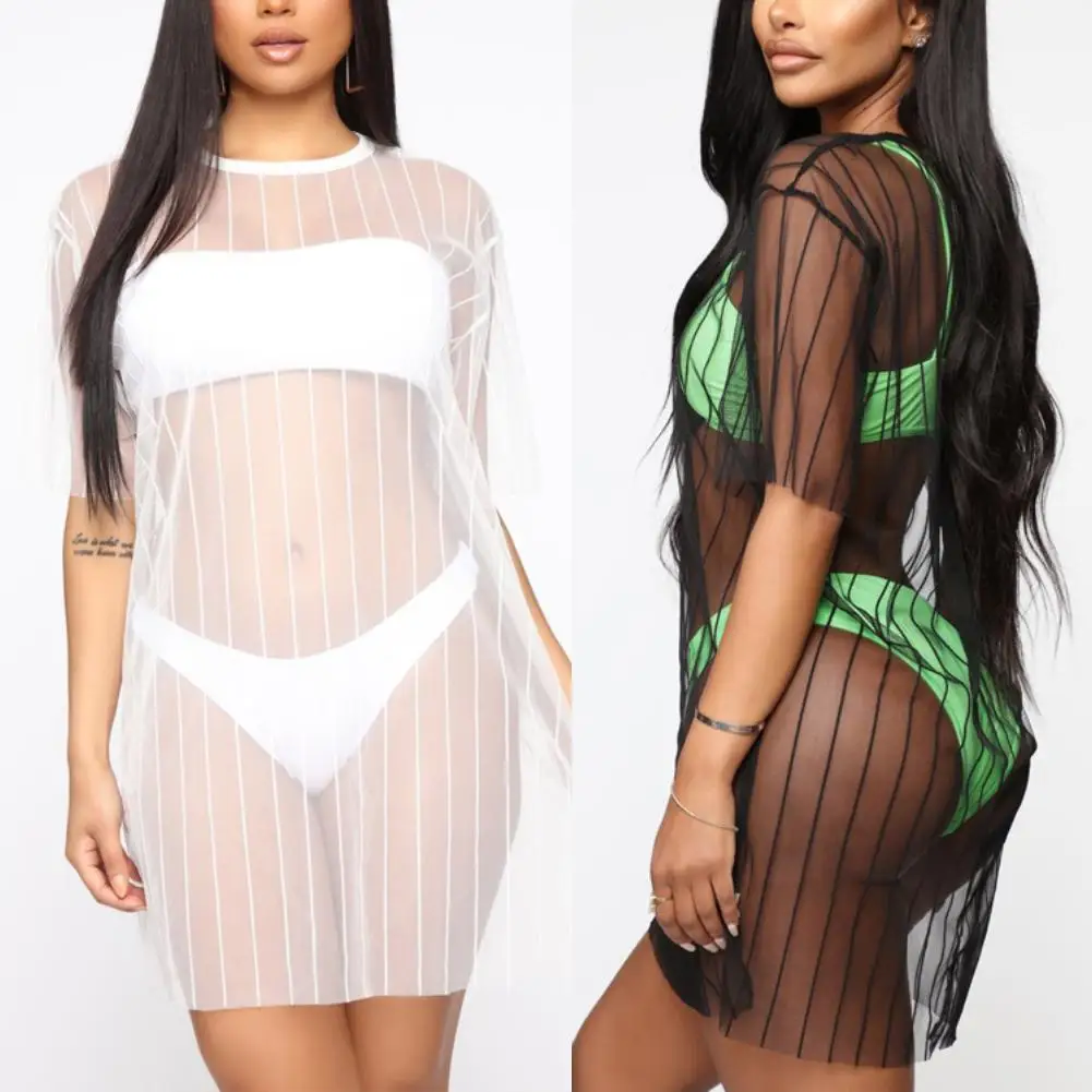 

Sexy Women Mesh Sheer Bikini See Through Short Sleeve Cover-up Sunscreen Beach Bikini Cover Dress Swimwear Summer Clubwear