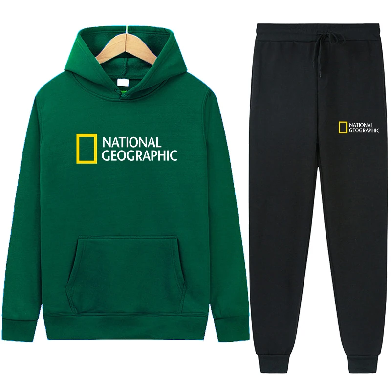 

Autumn and winter new geography magazine sportswear men's fleece thick hooded men's suit casual sportswear ladies jacket + pants